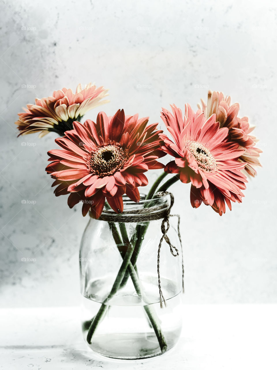 Bouquet of beautiful gerbera flowers in a glass vase on white background. Elegant simple design with copy space for invitations,porstcards quootes ,posters ,flyers,banners,webs,prints.