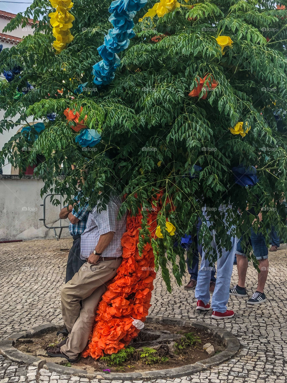 Tree head - a man loses himself into a colourfully decorated tree