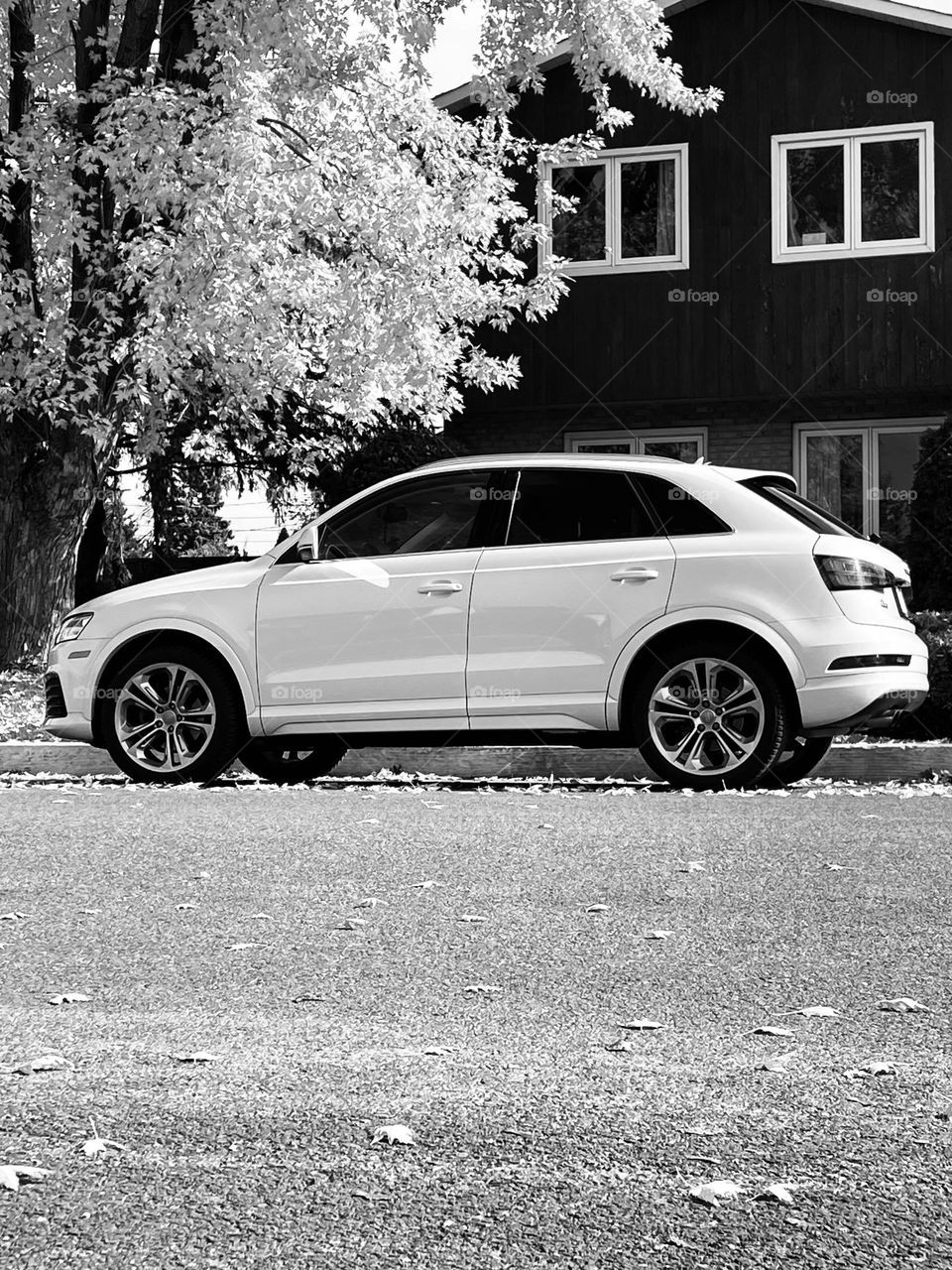 White car parked in front of a house and a tree…