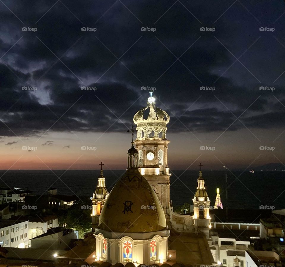 The Church of Our Lady of Guadalupe in Puerto Vallarta, Mexico at sunset.