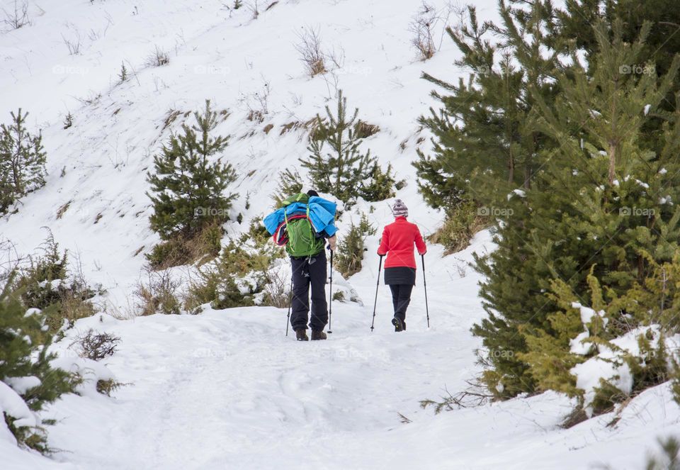 Hiking in the winter mountain