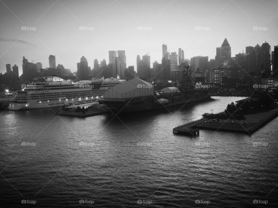 New York City from cruise ship at dawn in black and white