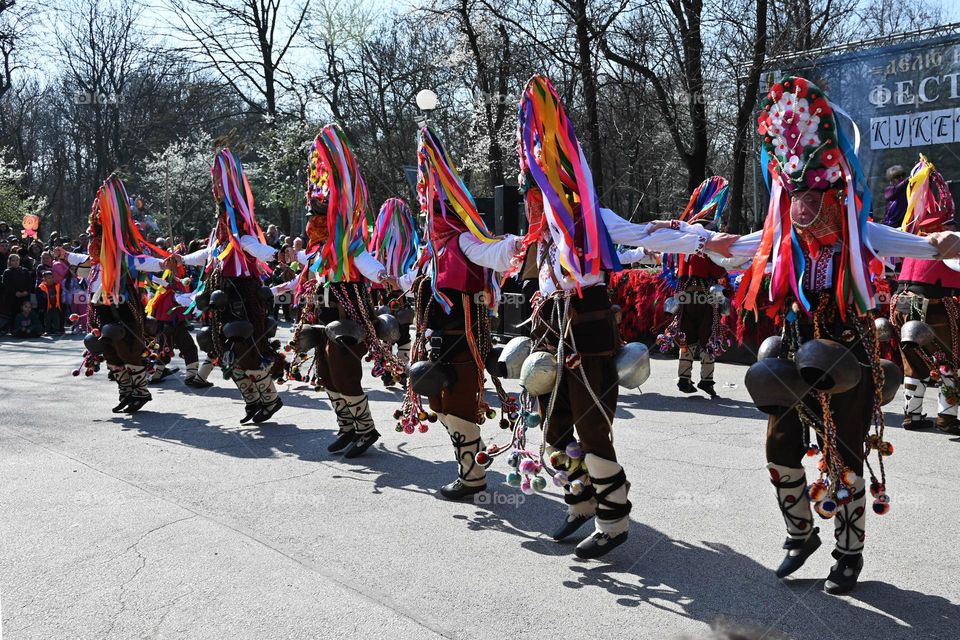 Kukeri Dance. Kukeri are elaborately costumed Bulgarian Men, who Perform Traditional Rituals Intended to Scare Away Evil Spirits