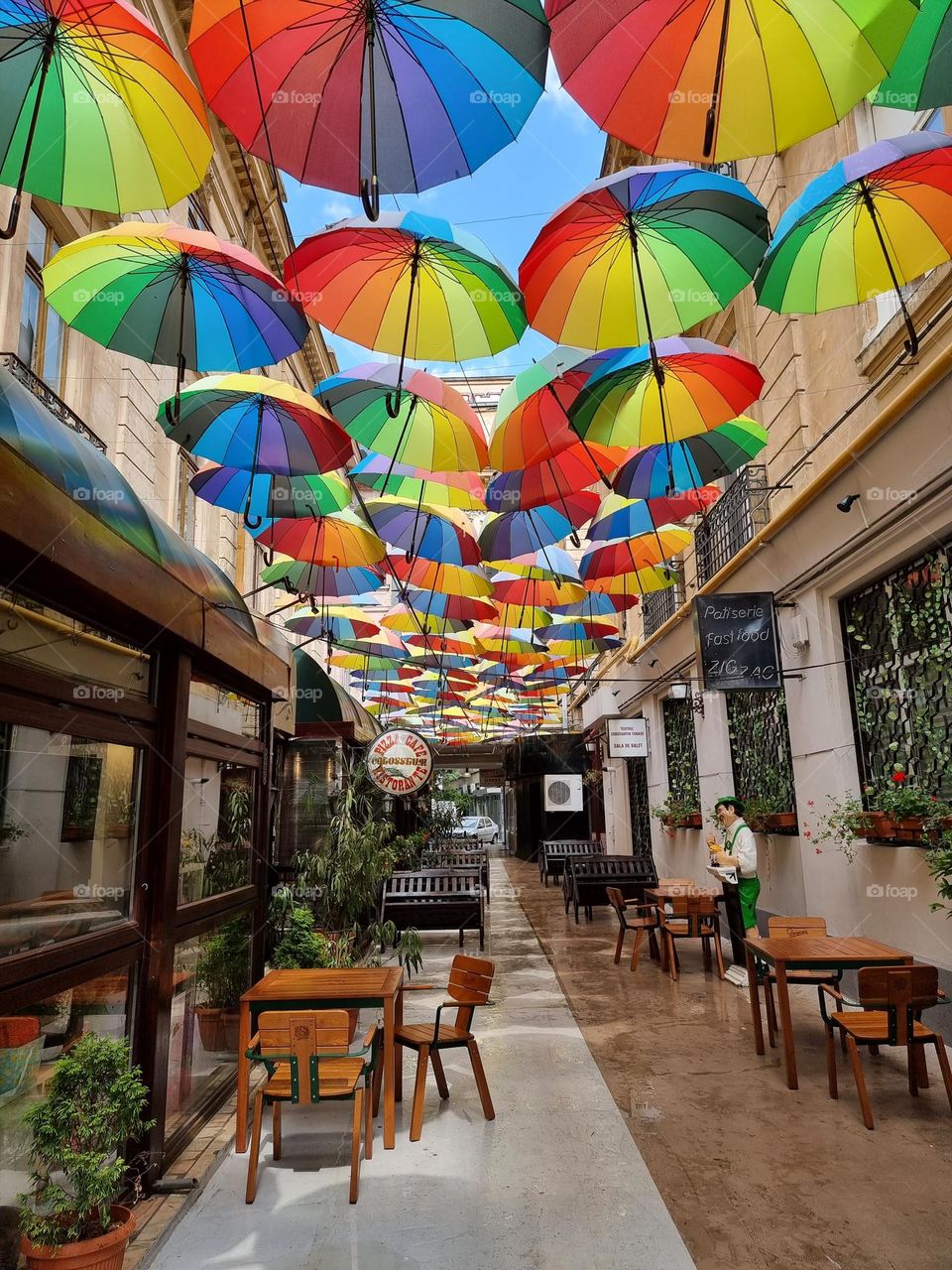 Colorful umbrellas above pedestrian street