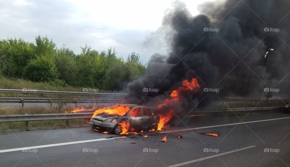 Car fire on a highway in Turkey