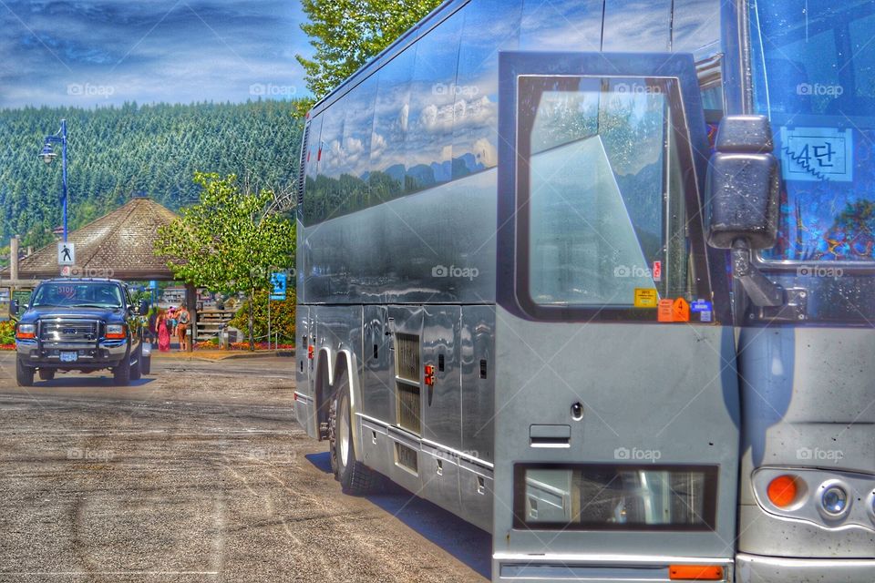 Reflections on a Japanese Tour Bus. Reflections on a Japanese Tour bus in British Columbia