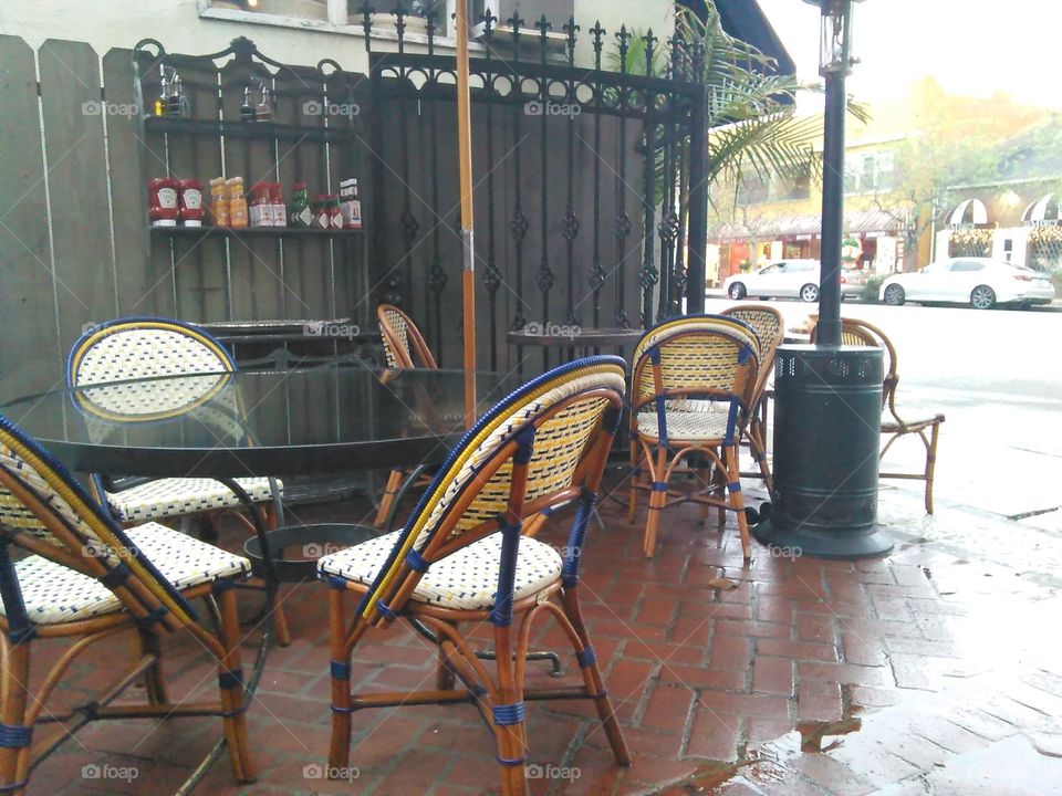 outdoor, protected seating of an interesting cafe/bakery, near LA