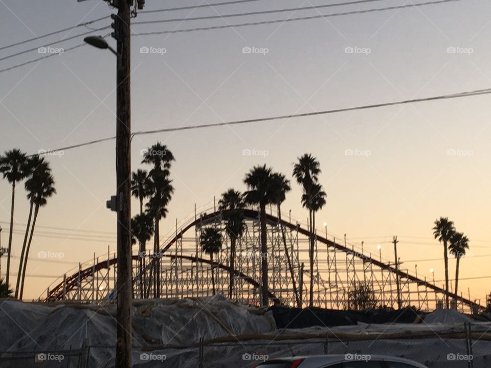 Roller coaster sunset at Santa Cruz Boardwalk 