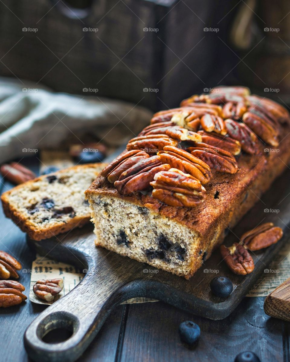 Banana bread with blueberries and nuts