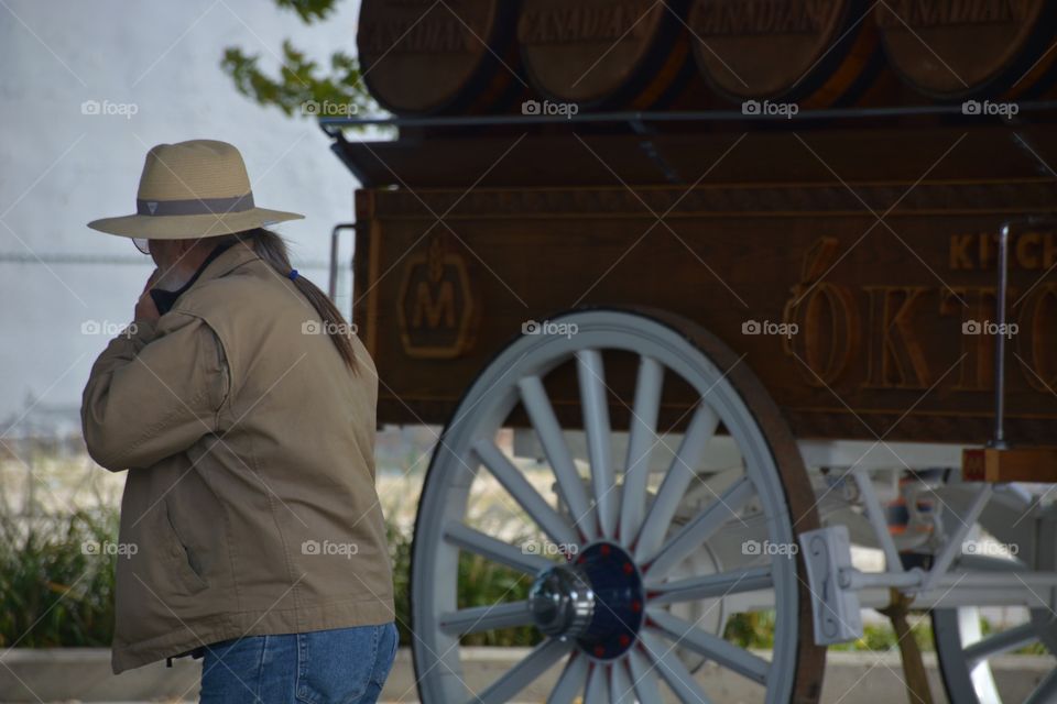 Old man stands near the horse drawn carriage 