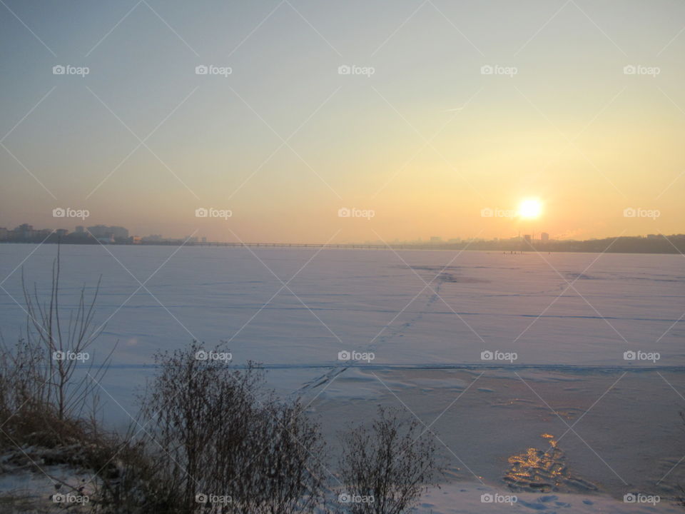 sunset in the cold winter