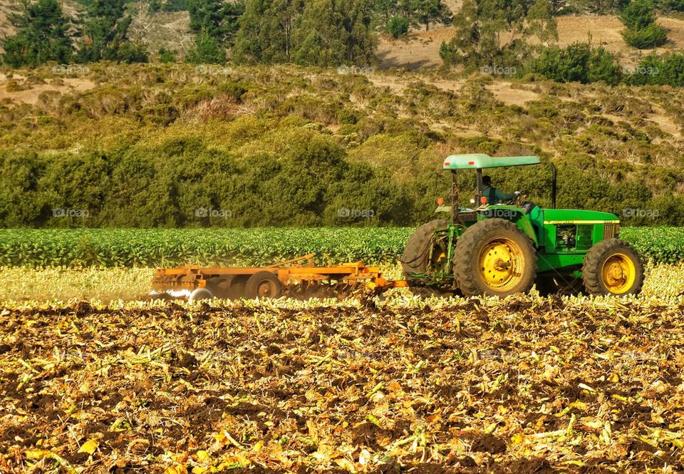 American tractor ploughing field