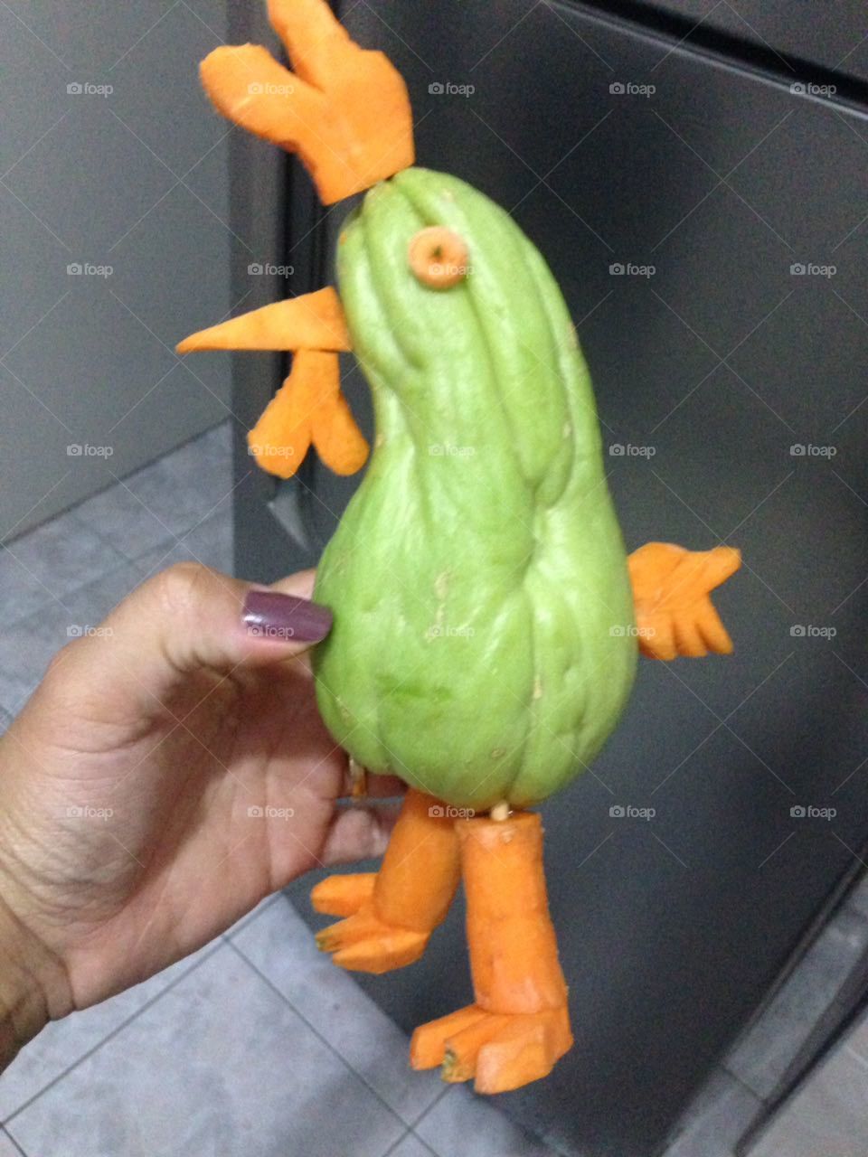 sculpture in legumes. Chayote and carrot   School work.