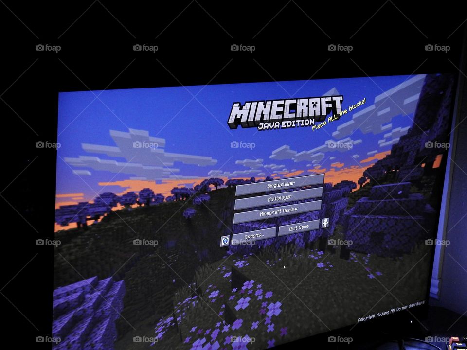 Video game photography taken of the game Minecraft from a gaming computer screen in a dark room at the start of the game showing the menu from the start.