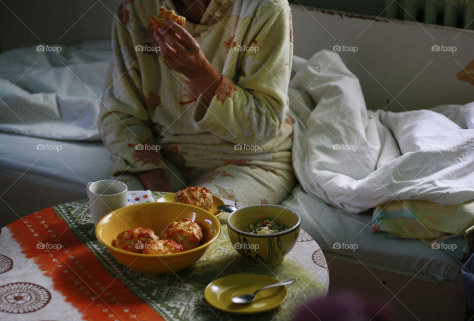 A woman eating breakfast