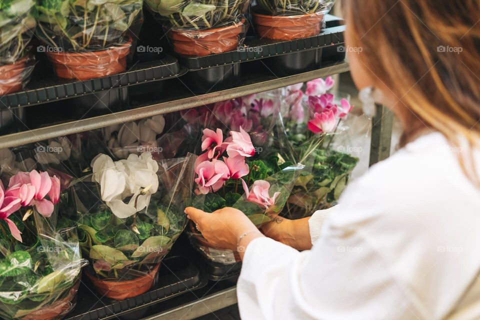 Brunette middle aged woman in white dress buys green potted house plants at the garden store