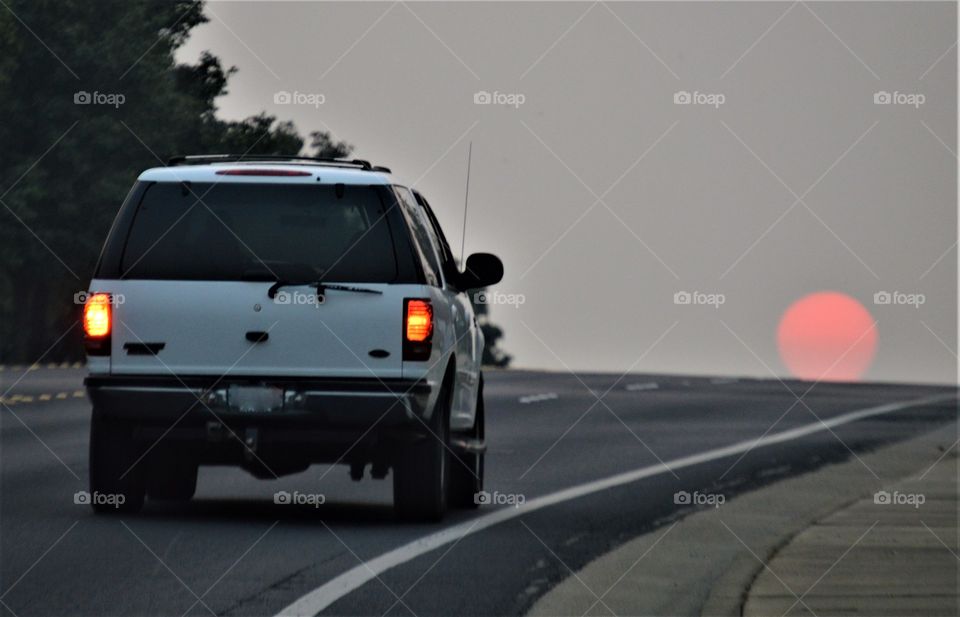 early morning sunrise drive, sunrise, road, car, tail lights