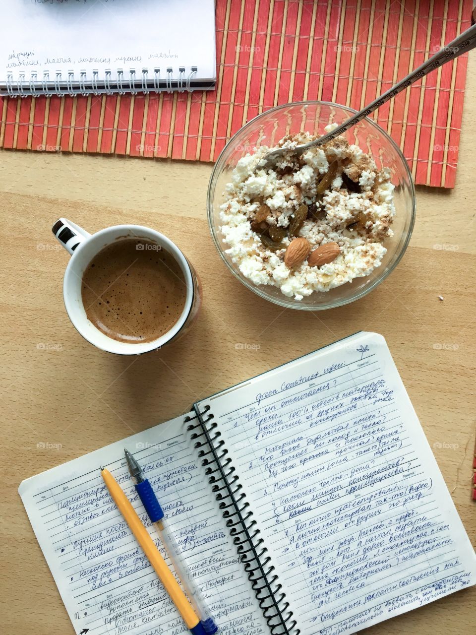 Morning coffee with breakfast and daily planner. 