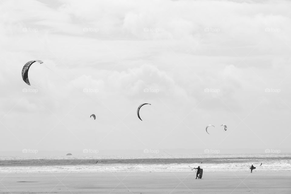 black and white, kiter at the seaside