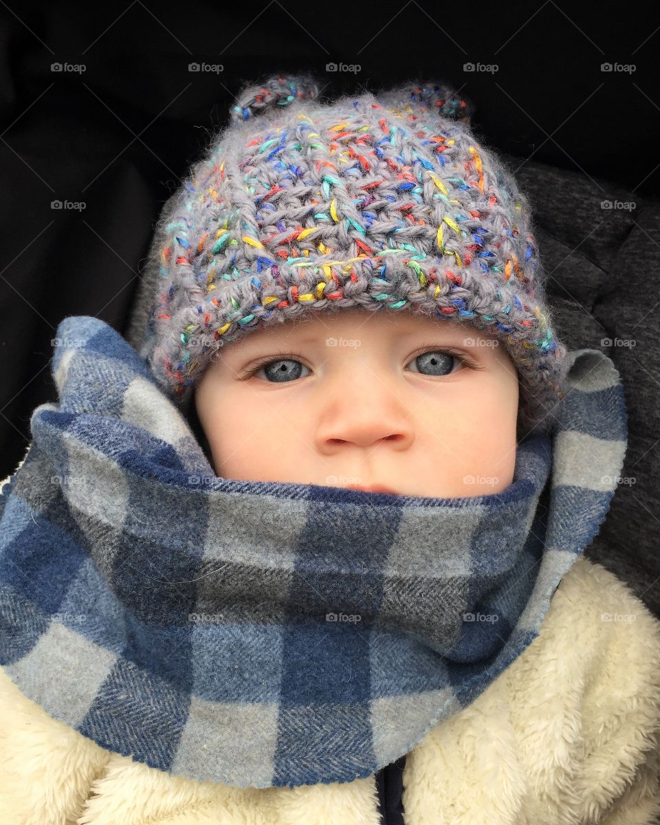 Cute baby boy bundled for cold