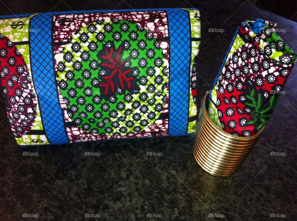 African print headwrap, bangle and bag