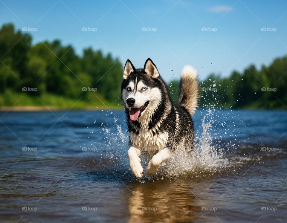 Siberian husky dog running through water, splashing in a river with a forest in the background. Energetic and playful moment captured in nature.

