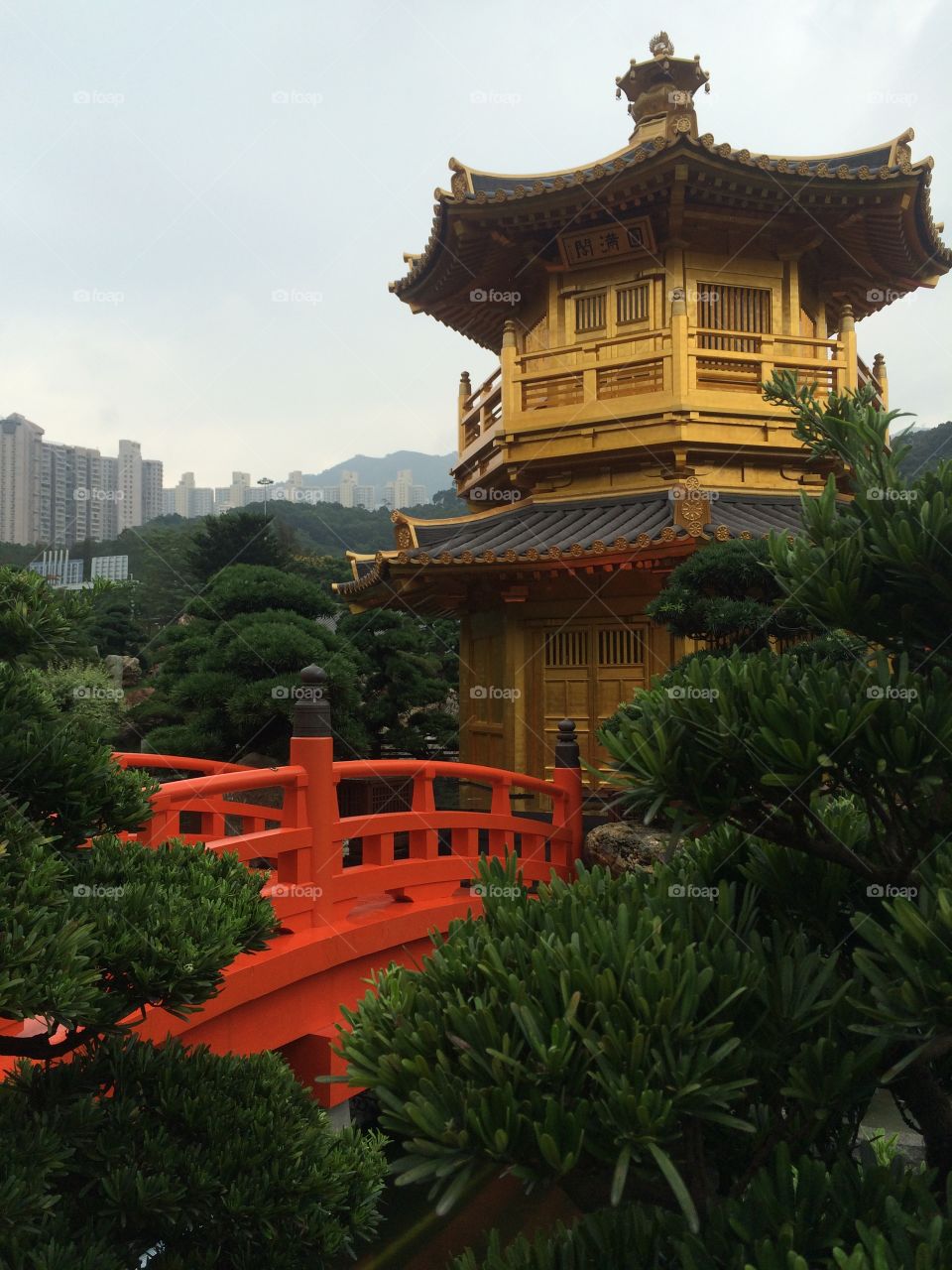 Red Bridge. Chinese Garden - Hong Kong