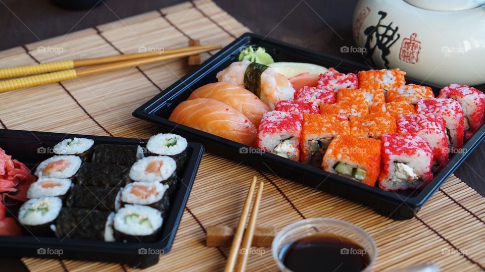 High angle view of sushi food with chopstick