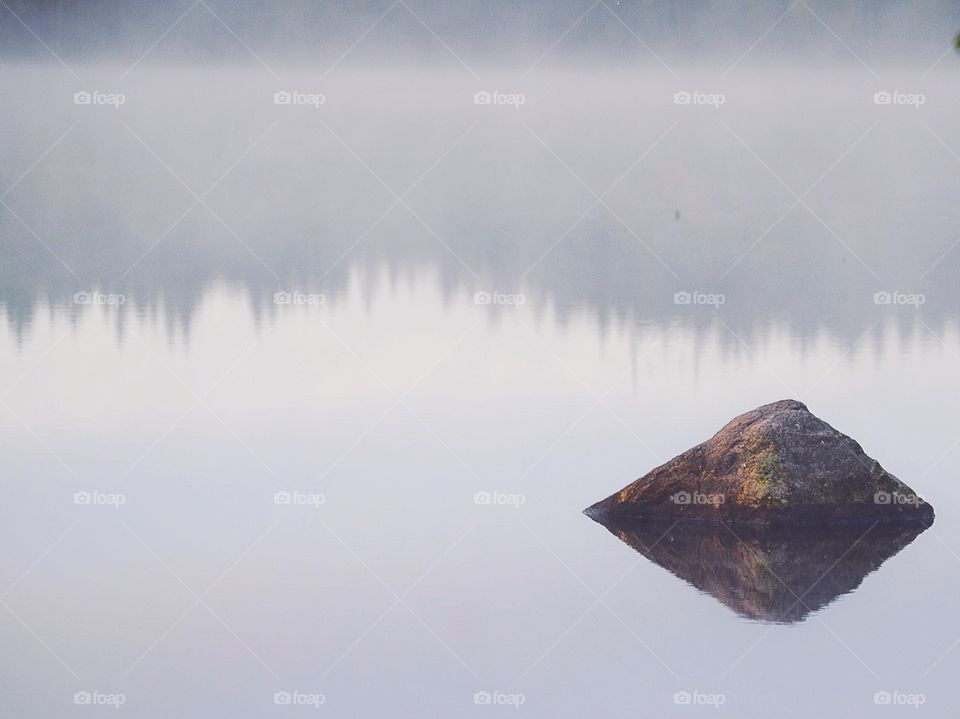 Foggy lake with a stone