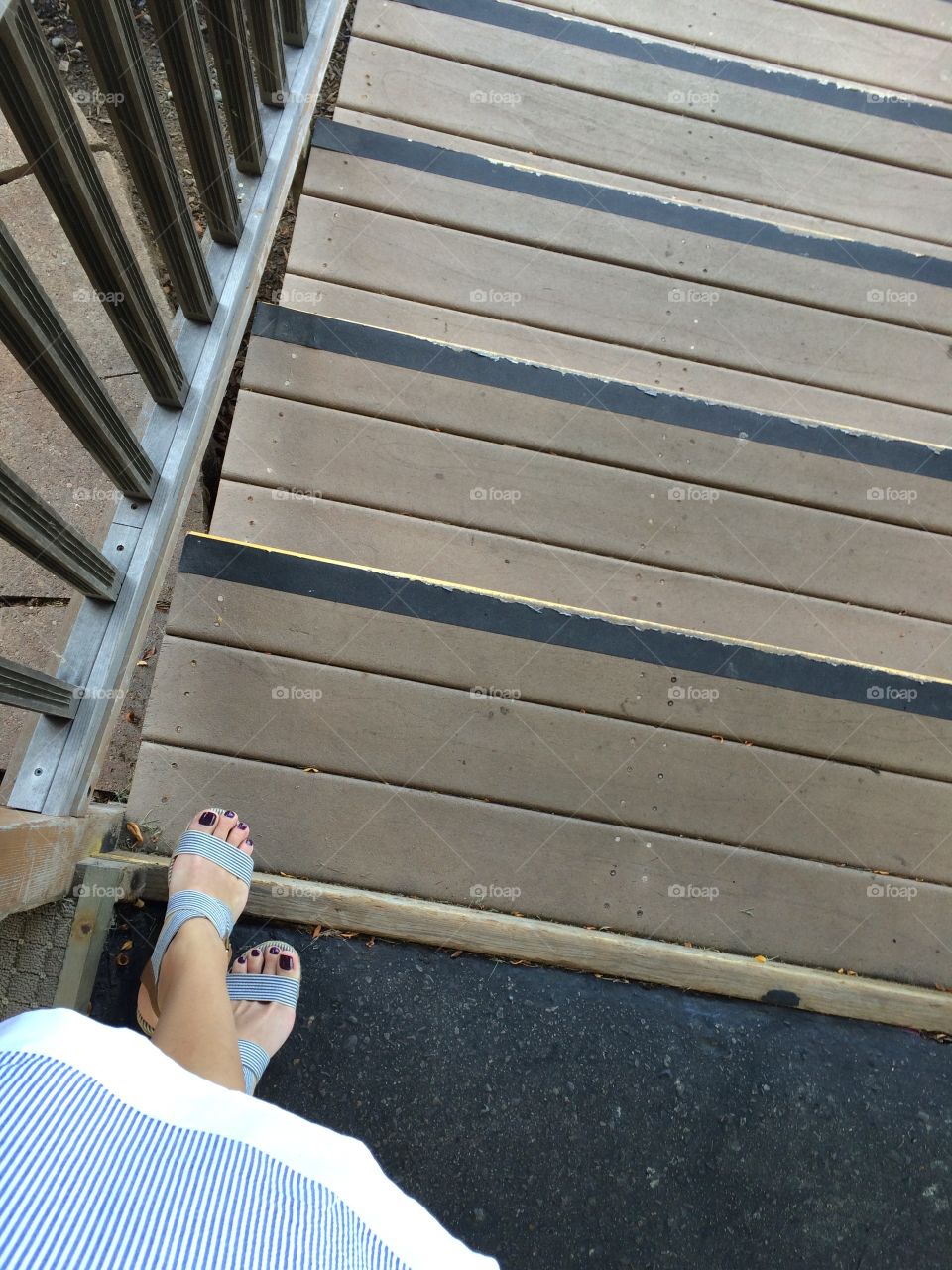 Blue and White Stripe Wedge Sandals on Stairs