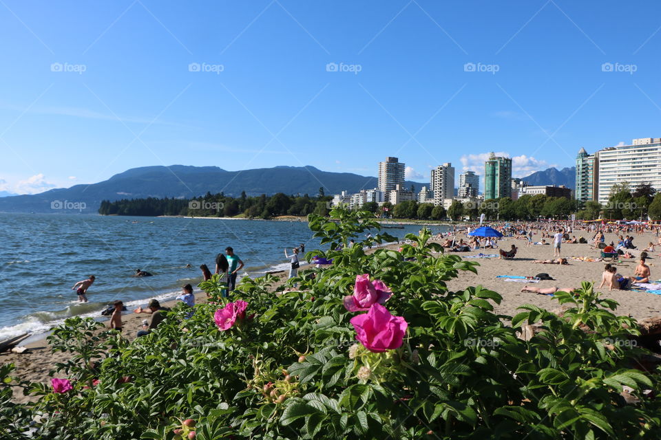 English Bay, Vancouver - sandy beach full with people , and cityscape around