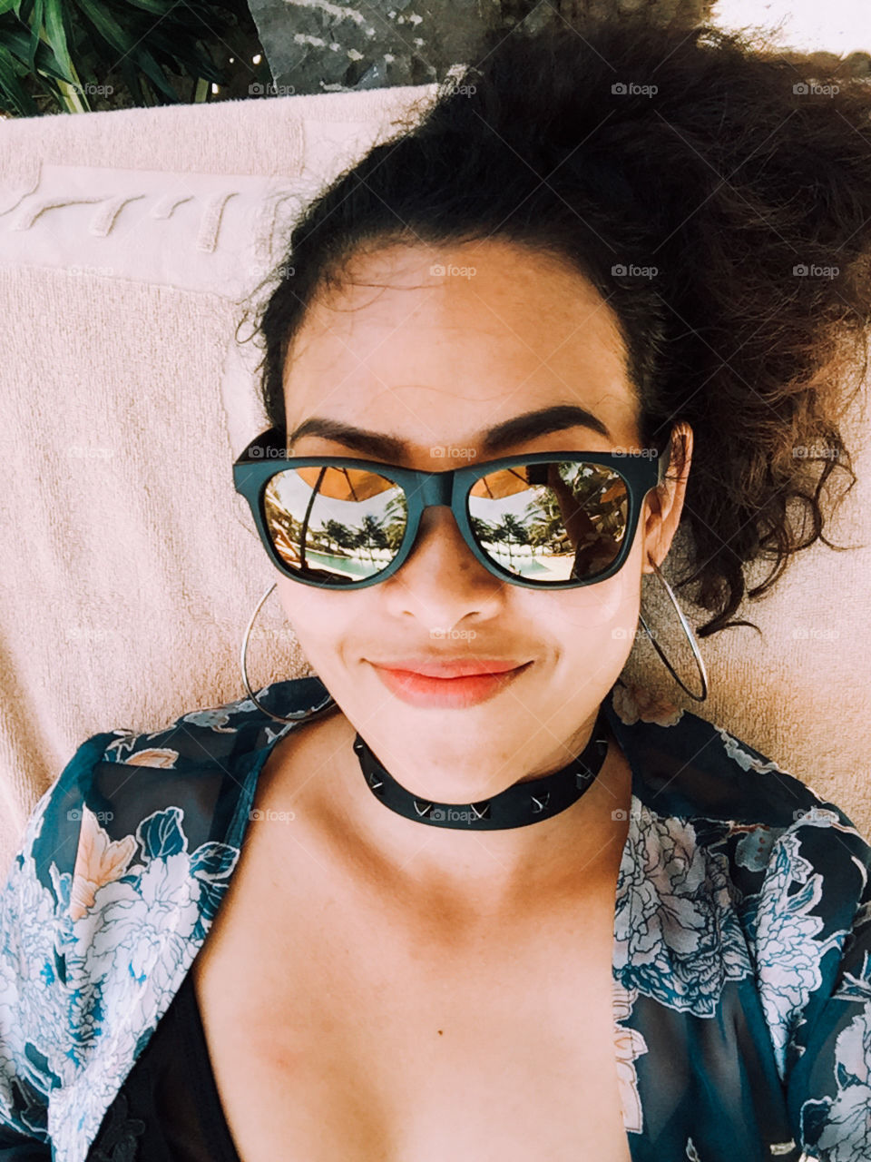 Selfie time, portrait of woman, relax at the pool