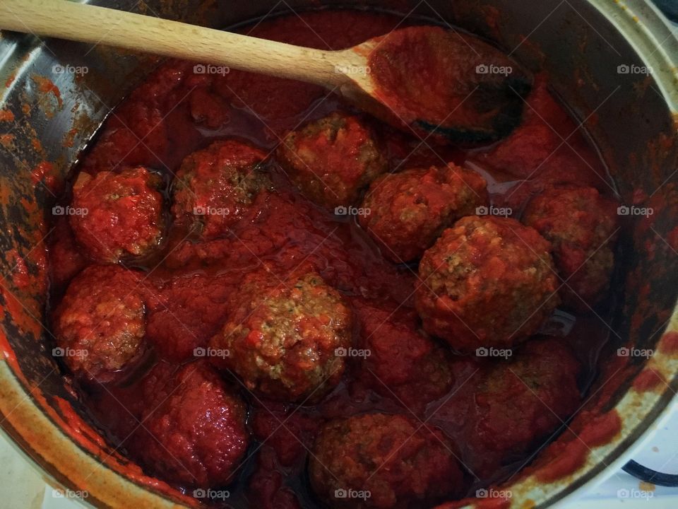 Italian meatballs with tomato sauce for a Sunday dinner.