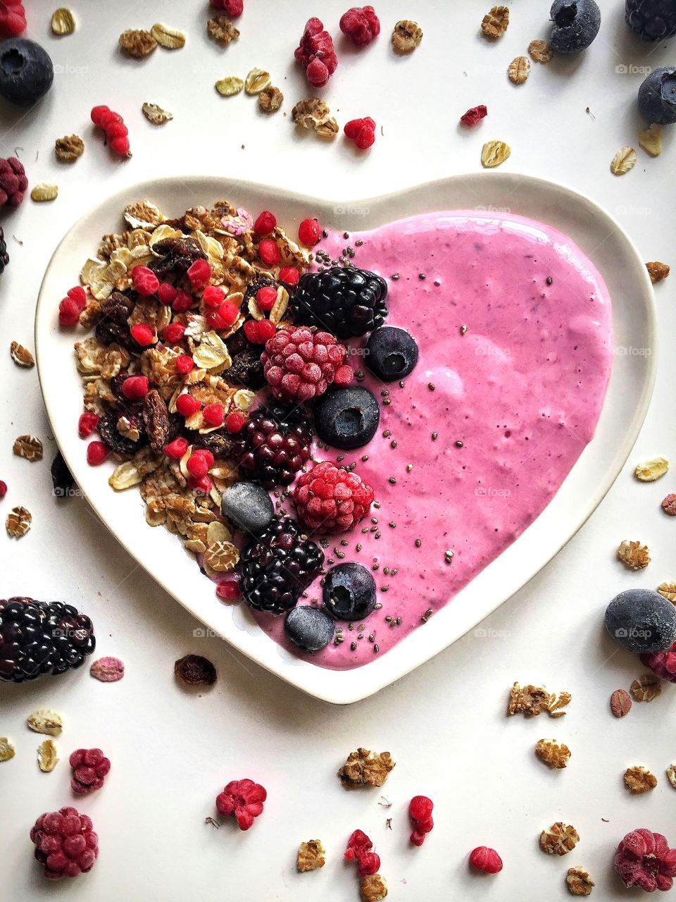 Healthy breakfast on heart shape plate