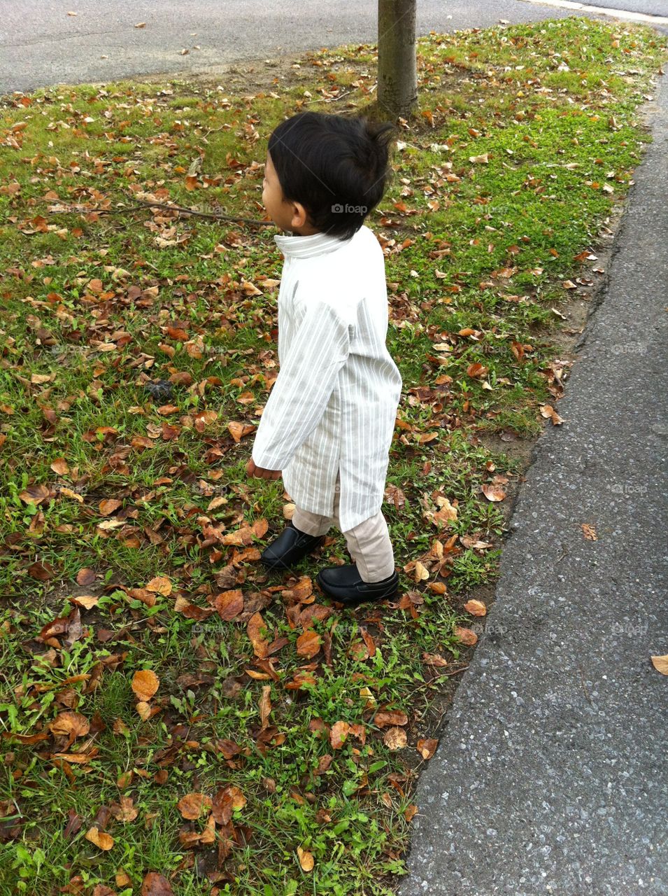 Toddler boy wearing Indian traditional Kurta and dress shoes walking in autumn leaves and grass beside a road