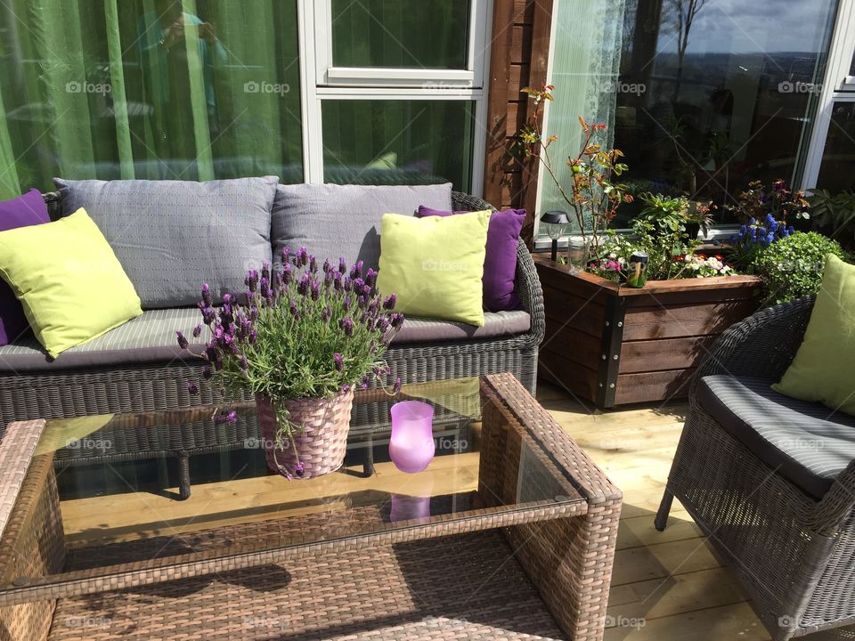 Summer on the terrasse. Furniture and pillows