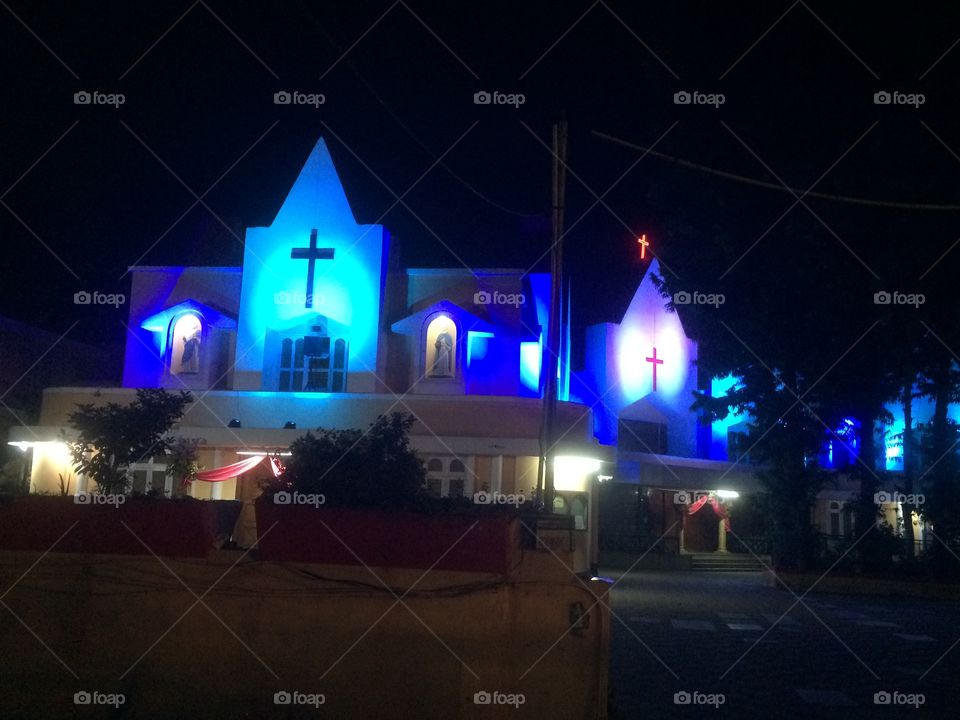 Lit up church at night