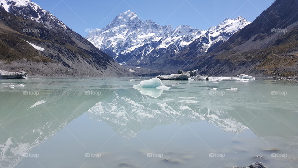 Snowy mountains reflected on frozen lake