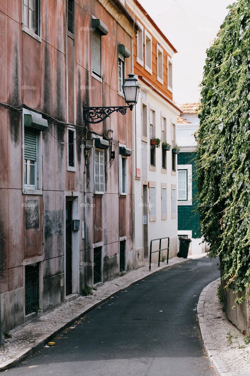 Street in Lisbon, Portugal. Pink and green facades of buildings in Lisbon, no people, street photography.