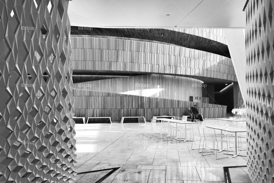 Engineering playground. Black and White Architecture. Inside of The Norwegian National Opera House, Oslo.