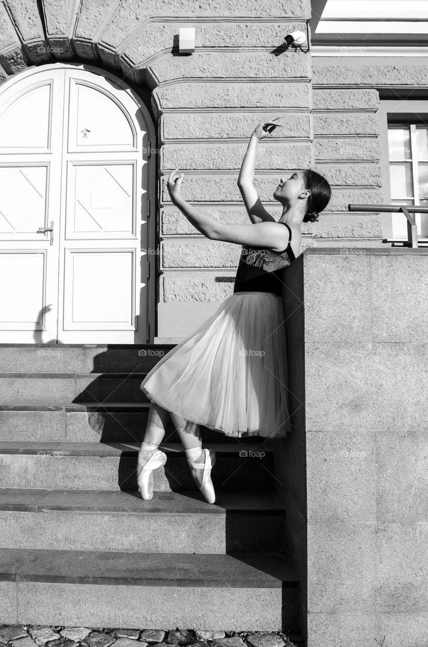 Ballet Art, Ballerina posing on Stairs, Black and White