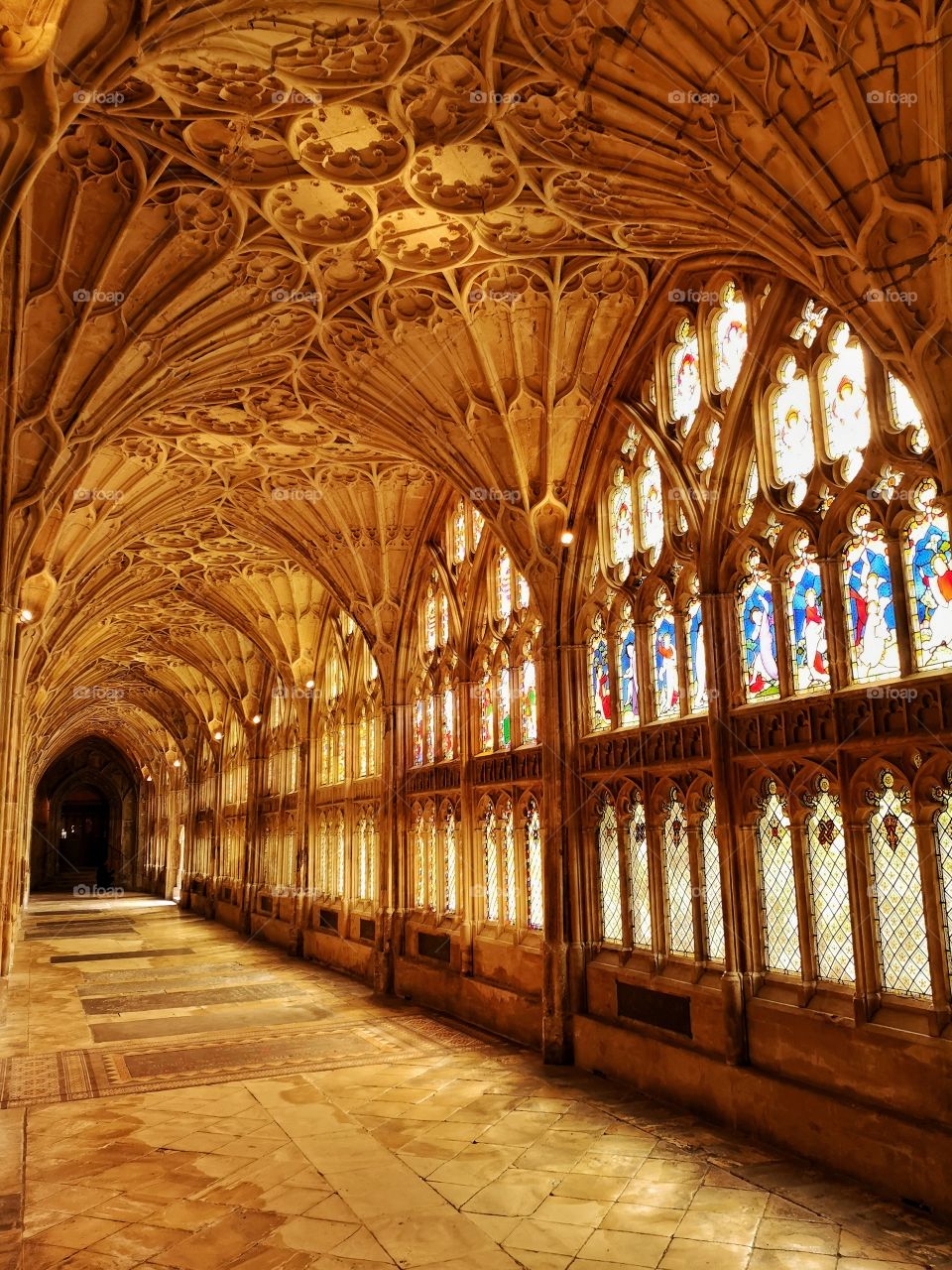 Corridors of Gloucester Cathedral with fantastic lighting