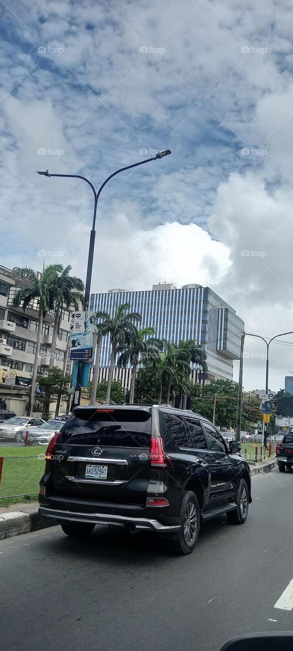 Beautiful landscape with gorgeous buildings by the roadside and palm tress along the road