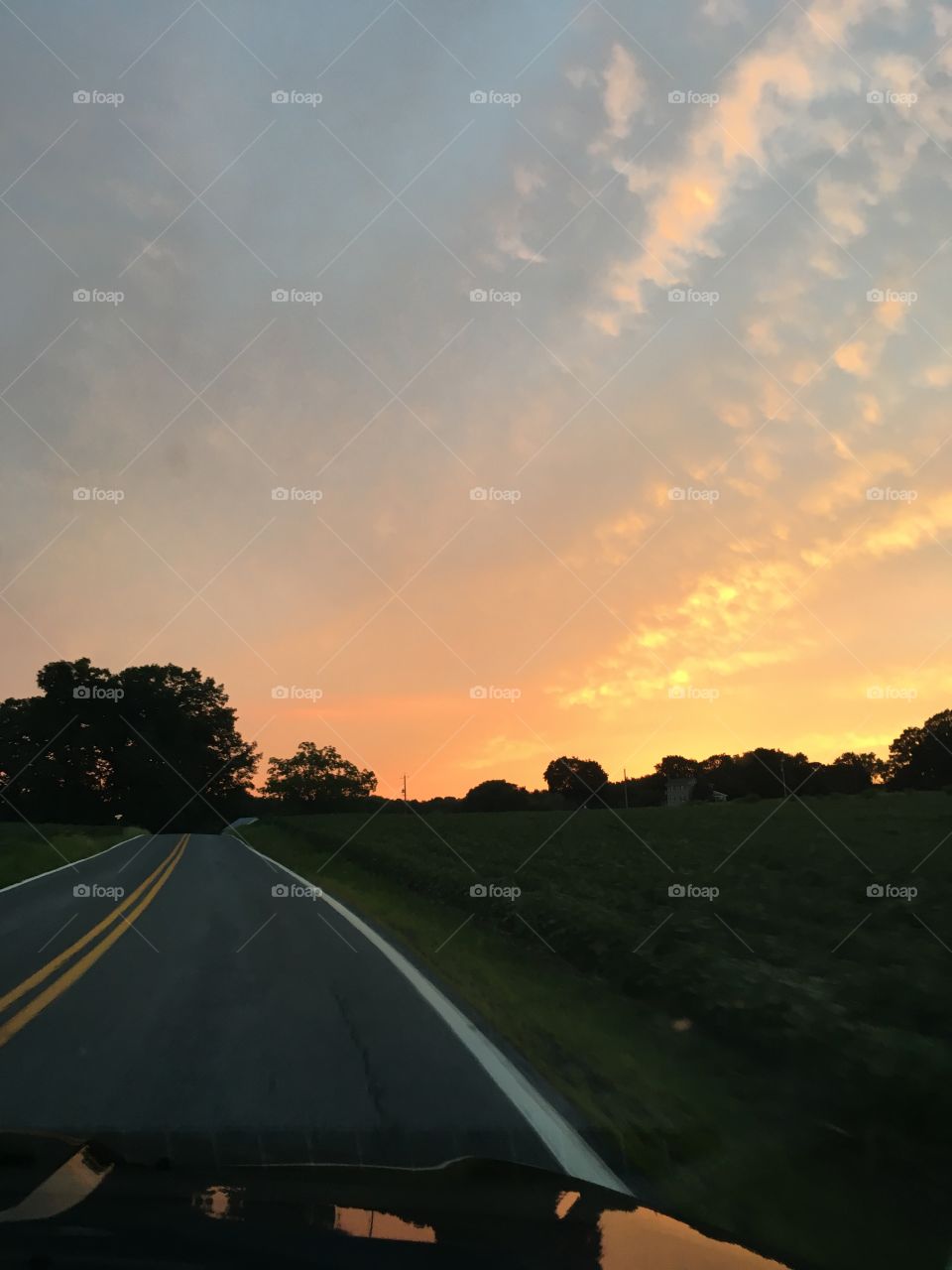 Golden sunset on the road 