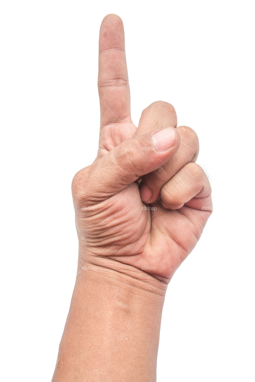 A man's hand shows one finger on a white background.