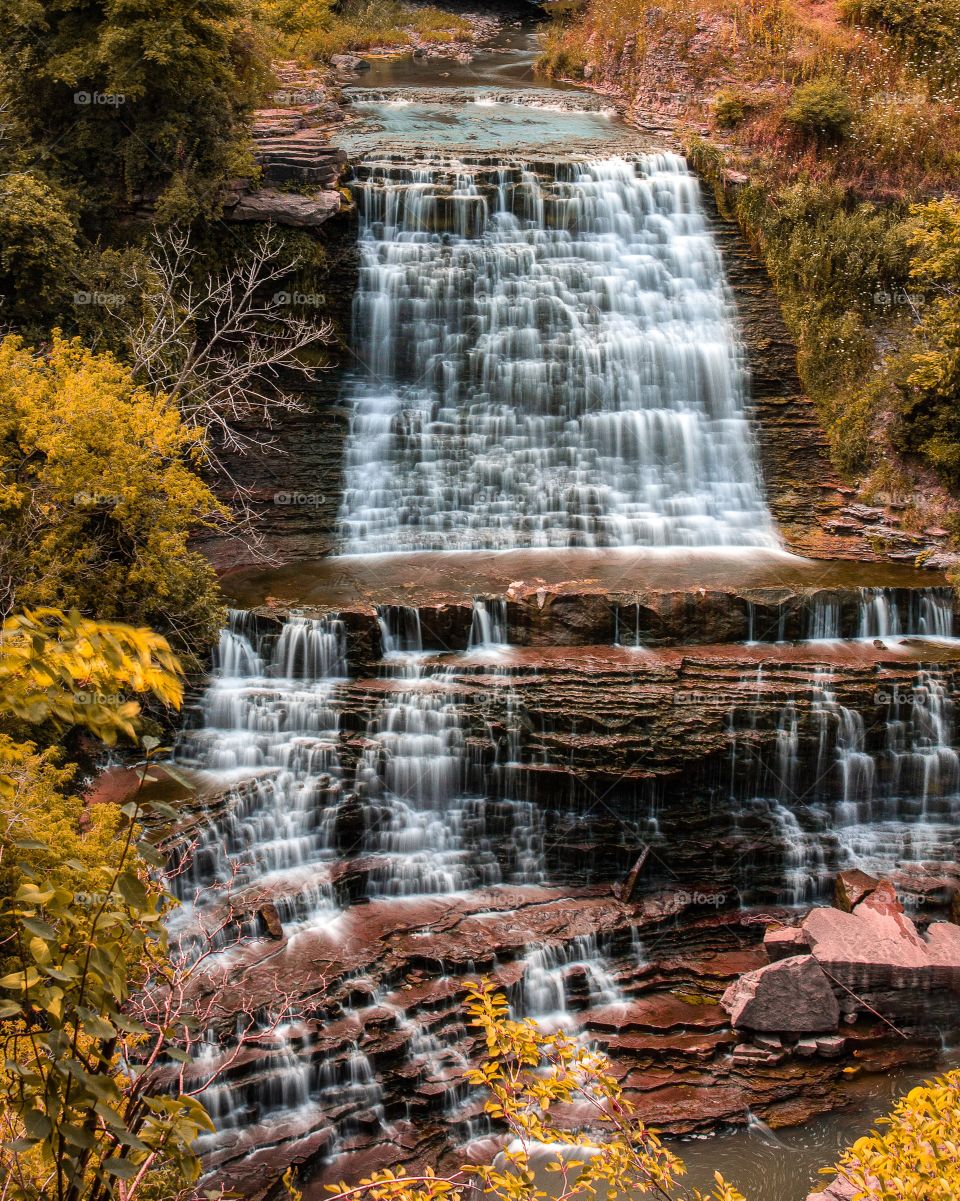 Leaves surrounding a multi tiered waterfall starting to turn orange and yellow, as the season changes from summer to autumn. Hamilton Ontario 