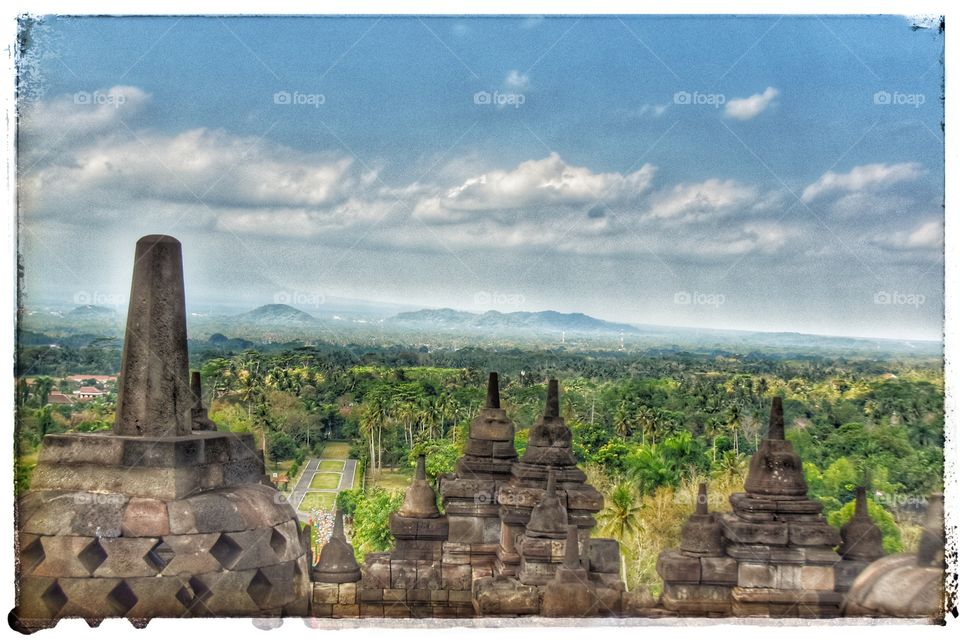 view from the top of borobudur temple in indonesia