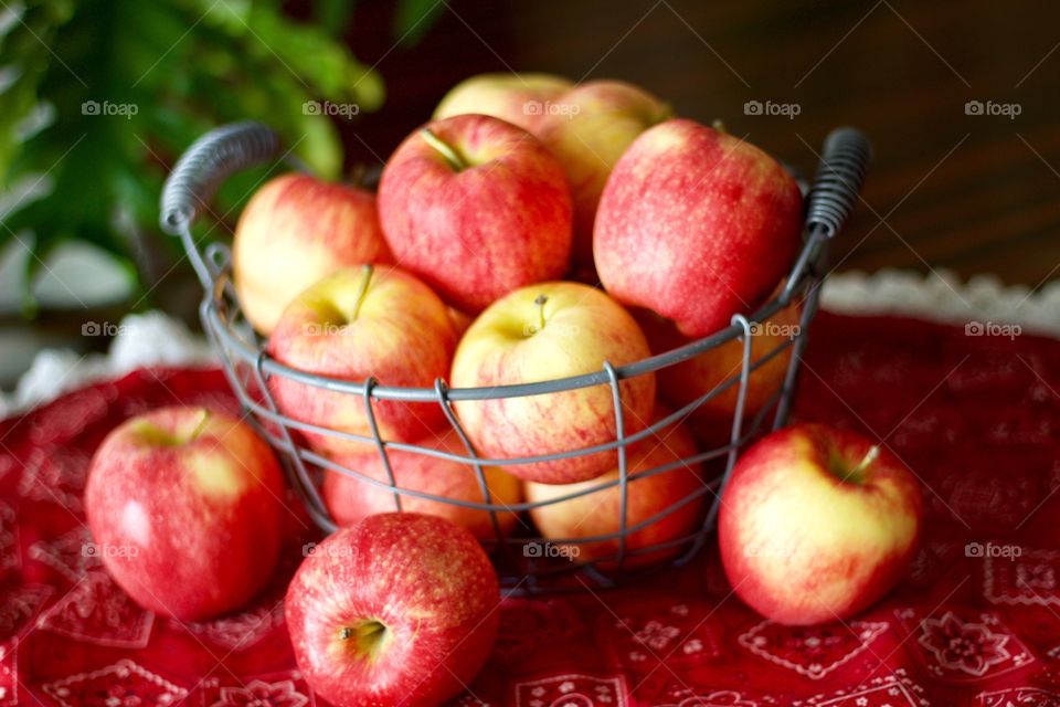 Fruits - apples in a wire basket on red bandanna print fabric 