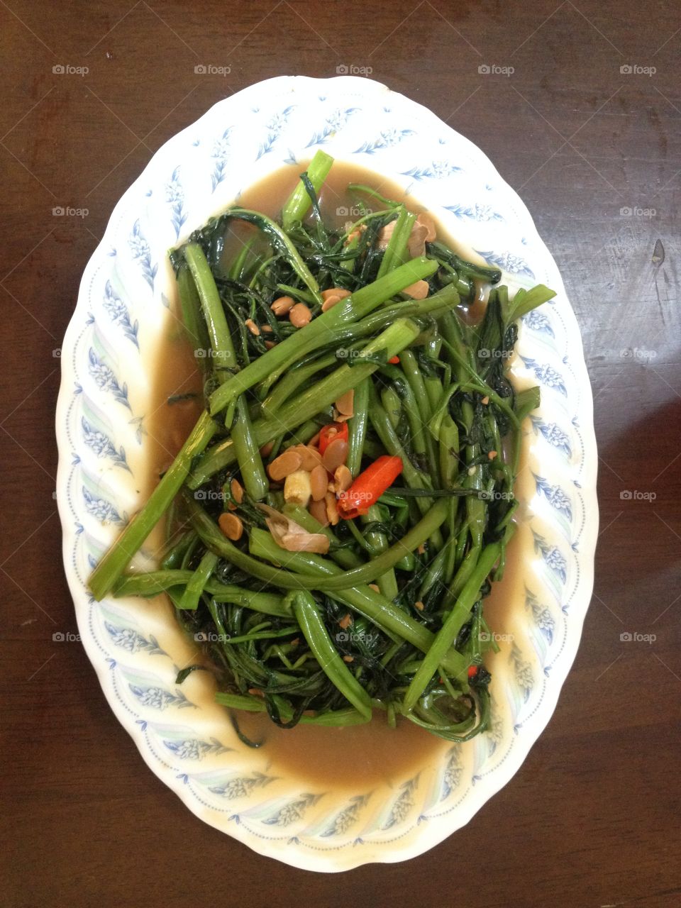 Fried Morning Glory with chillies. High Vitamin A.