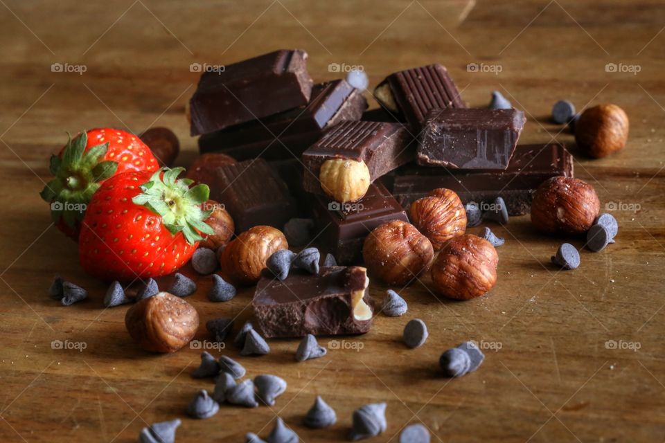 strawberries, dark chocolate and peanuts